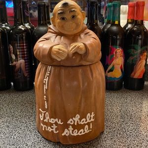 1960 TWIN WILTON FRIAR MONK COOKIE JAR THOU SHALT NOT STEAL